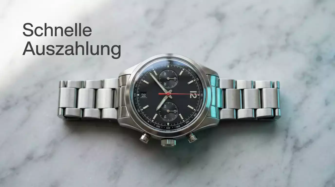 Hochwertige mechanische Armbanduhr in Nahaufnahme mit Sekundenzeiger in Bewegung auf einer hellen Marmoroberfläche mit seitlichem cyanfarbenem Lichtakzent