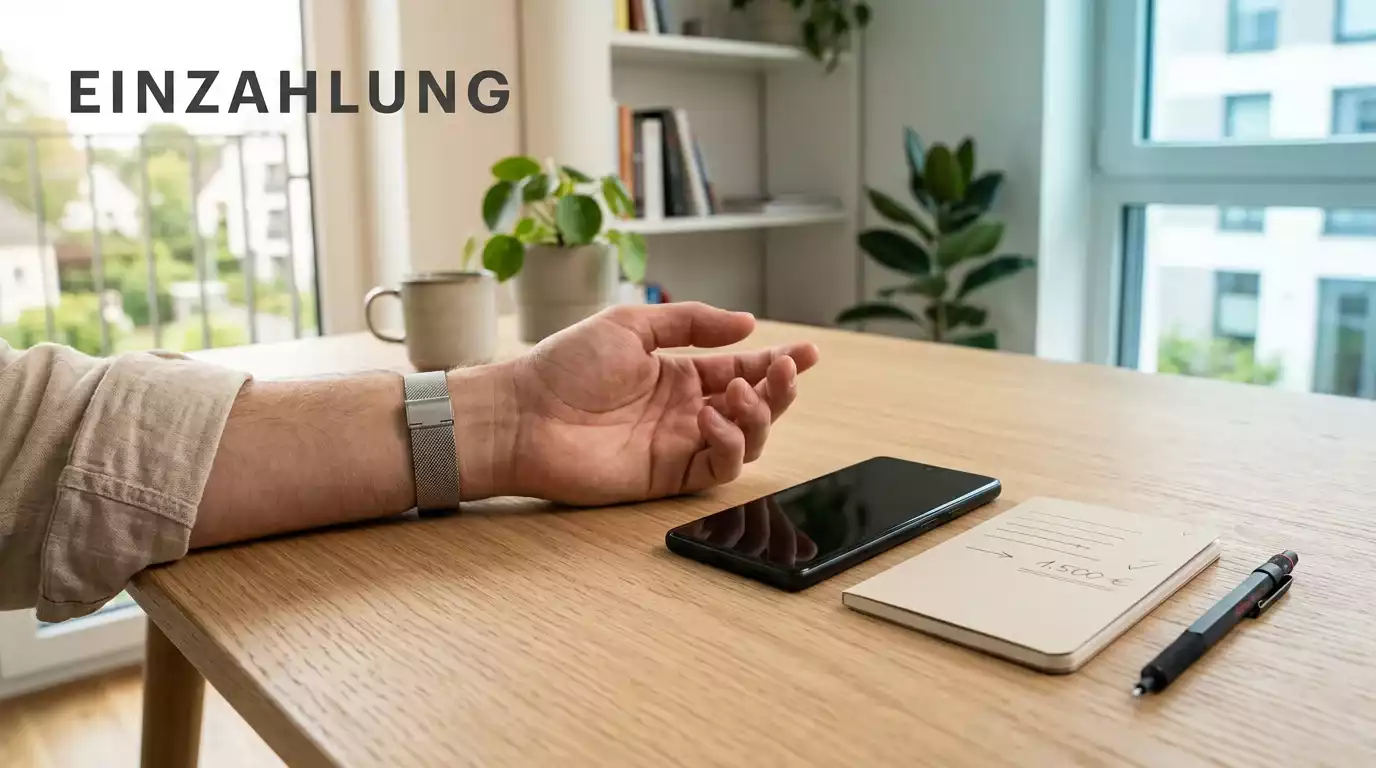 Hand einer Person ruht neben einem modernen Smartphone auf einem hellen Eichen-Schreibtisch mit kleinem Notizbuch und schlankem Metallstift, weiches cyanfarbenes Licht in einem modernen Homeoffice