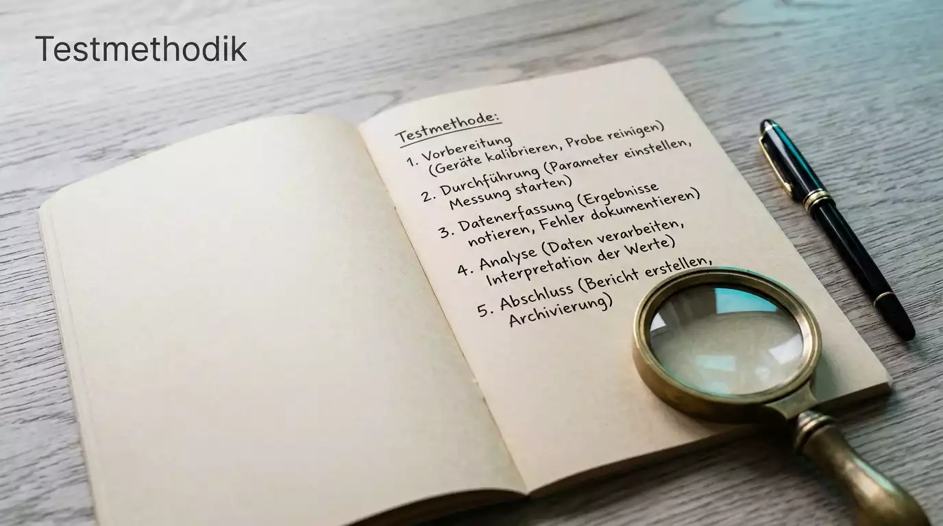 Geöffnetes beigefarbenes Notizbuch mit handschriftlichen Notizen, kleine Messing-Lupe auf der rechten Seite und schlanker schwarzer Füllfederhalter auf einem hellen Holzschreibtisch mit cyanfarbenem Lichtakzent