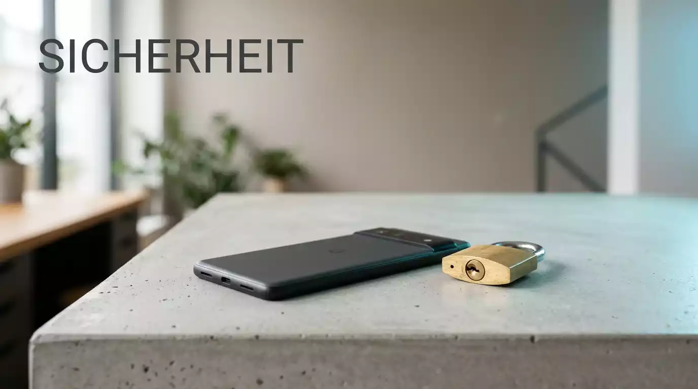 Modernes Smartphone und kleines Messing-Vorhängeschloss auf einem hellen Schreibtisch mit cyanfarbenem Lichtreflex in einem ruhigen deutschen Büro